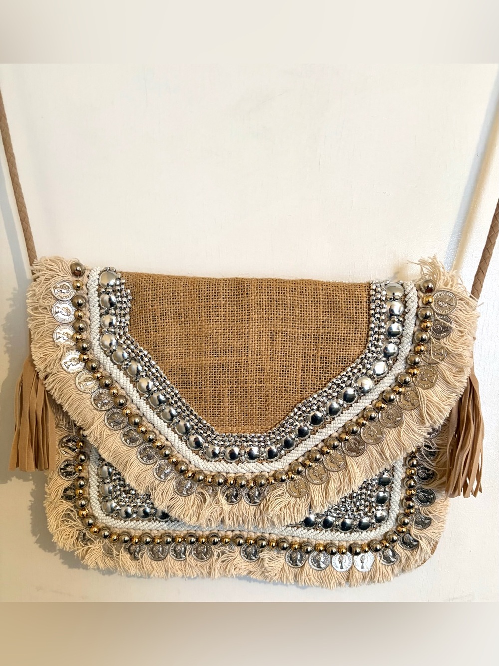 New Boho Coin Fringe Beaded Crossbody Bag